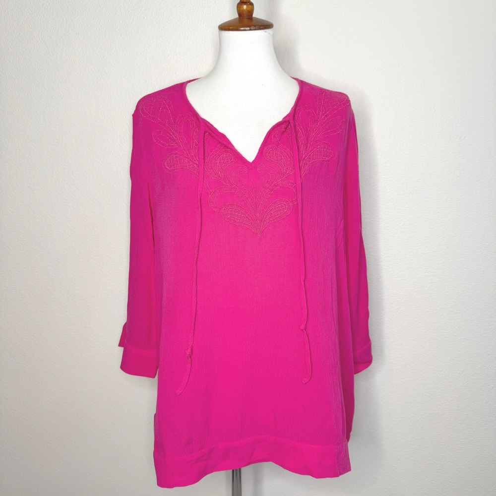 CHICOS Crinkle Embroidered Boho Top XL Pink 3/4 Sleeves Peasant Cottage Core